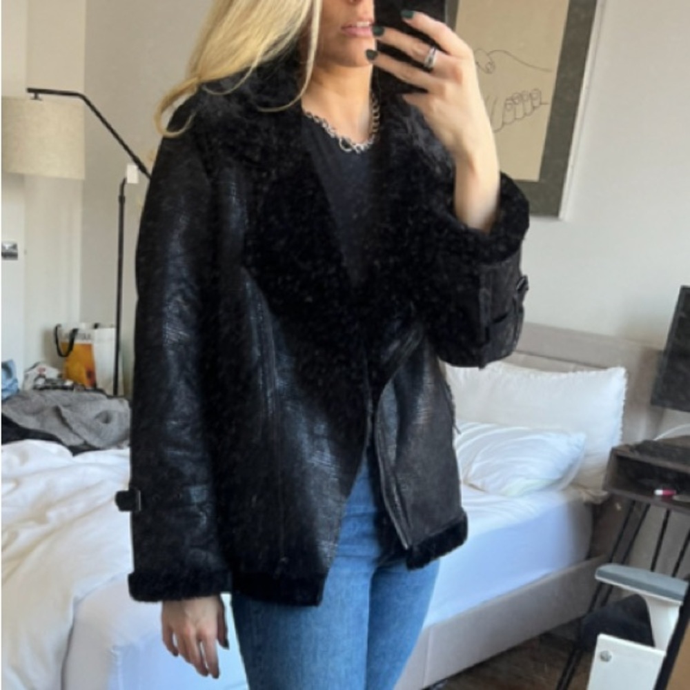 Anthropologie Black Faux Shearling Leather Jacket